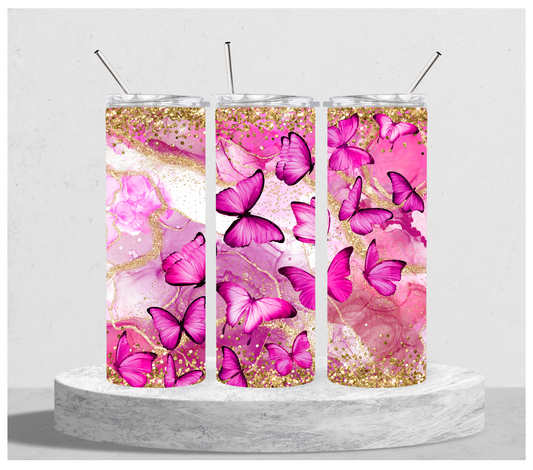 Pink Marble Butterfly Tumbler