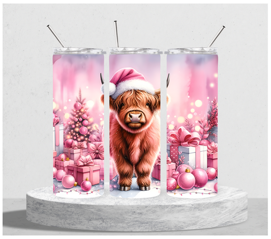 Pink Christmas Highland Cow Tumbler